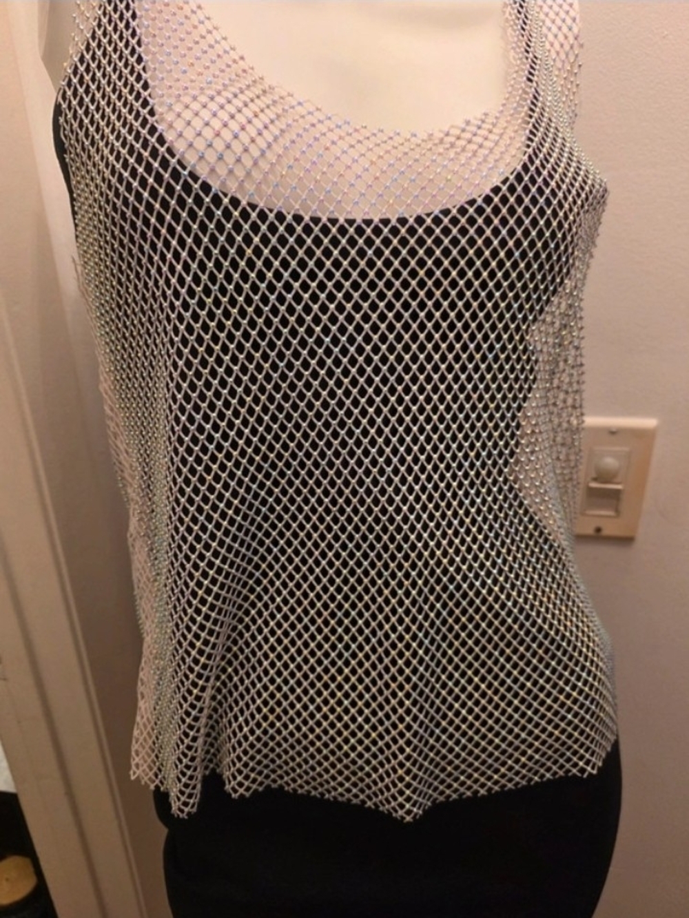Rhinestone Mesh Overlay Tank Top - White